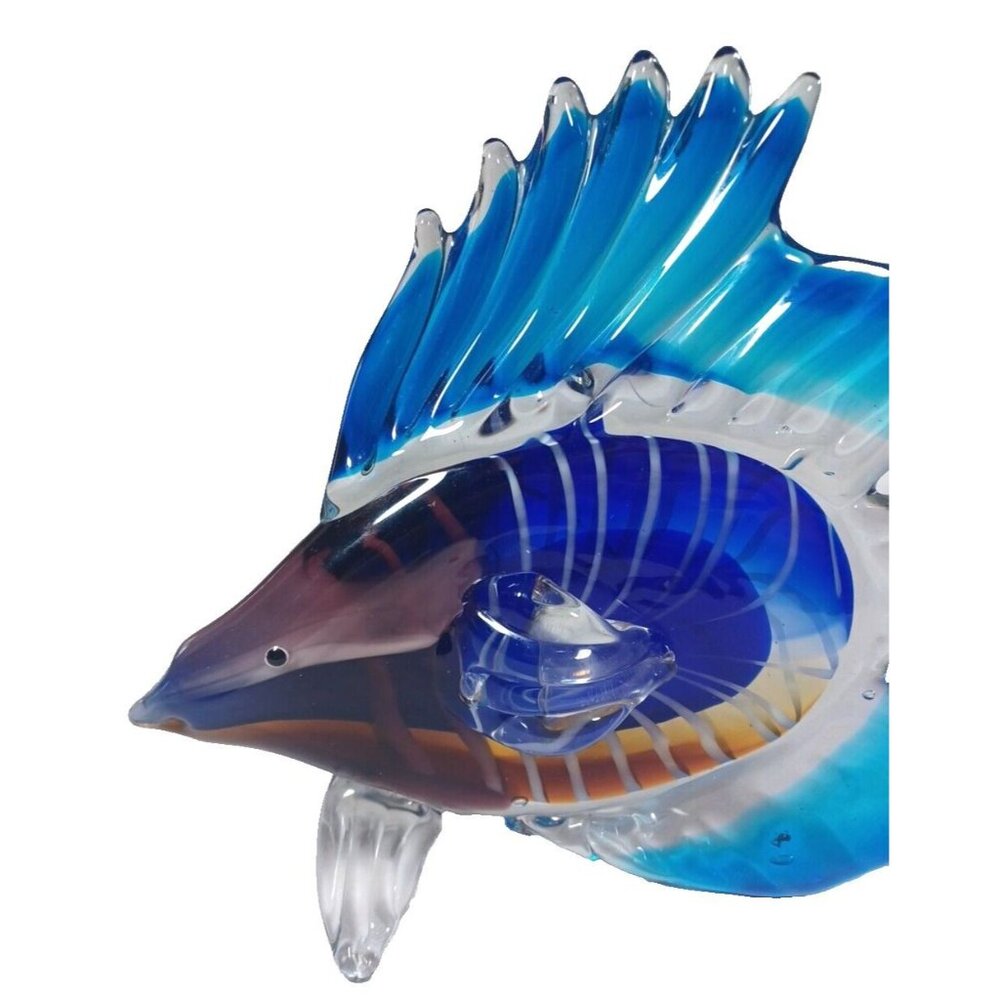 Large Rare Tetra Cobalt Turquoise Angel Fish Murano Sculpture 10" X 8.5 Vintage - Picture 4 of 14